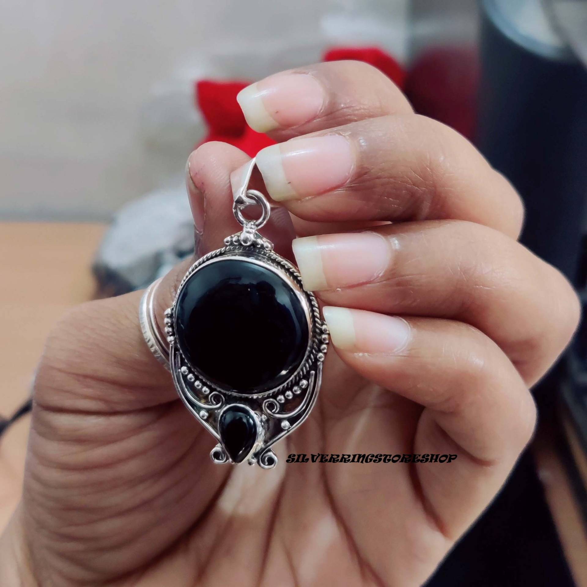 Schwarzer Onyx Anhänger, Schmuck, Statement Handgemachter Vintage Geschenk von silverringstoreshop