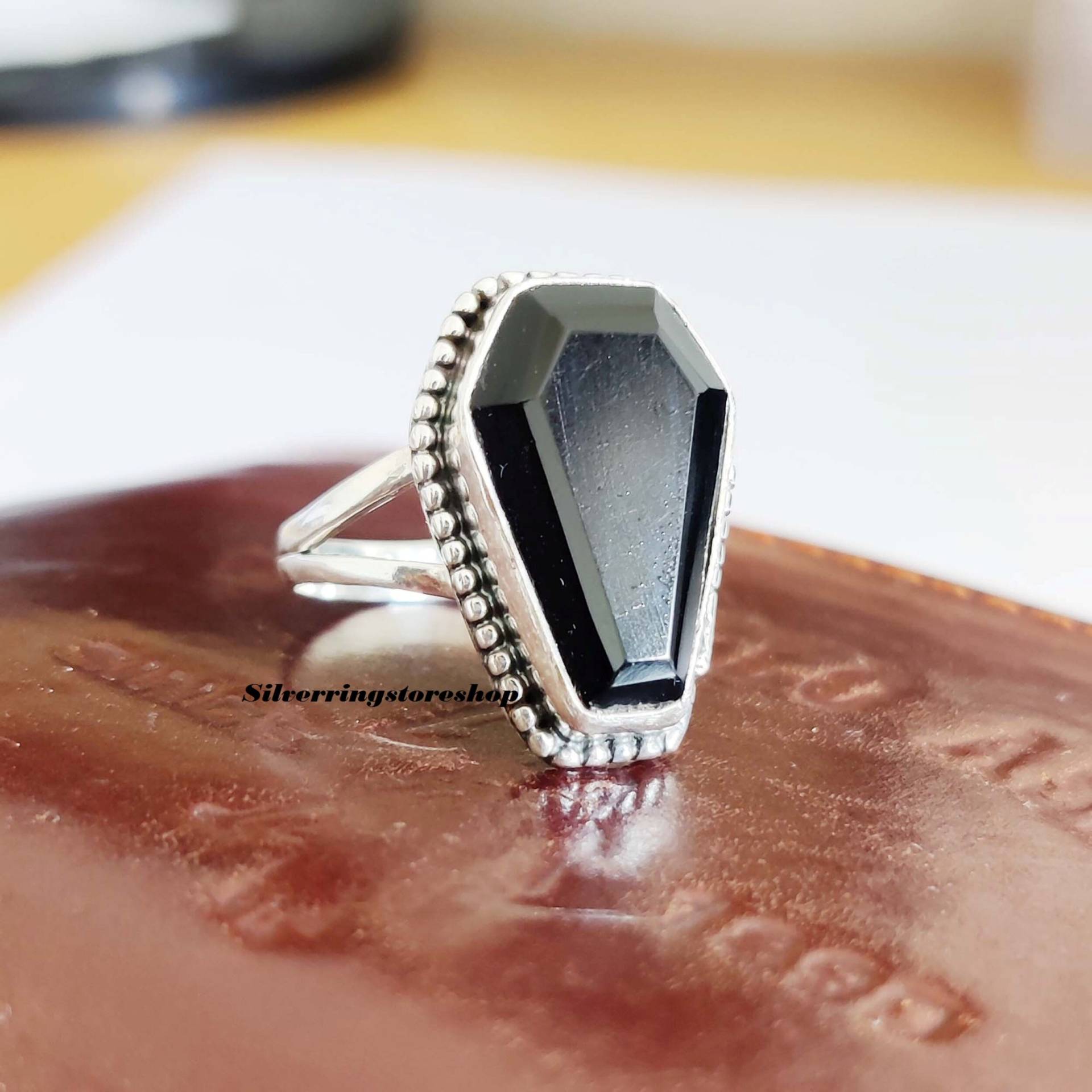 Schwarzer Sarg Ring, Schwarzer Onyx 925 Silber Bandring, Edelstein Fidget Boho Daumen Sorgen Geschenk Für Sie von silverringstoreshop