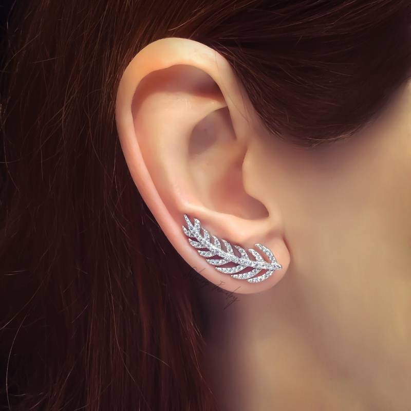sterling Silber Ohr Kletterer, Blatt Ohrringe Glaromous Crawler Mit Klarem Zirkon von silversjewelry