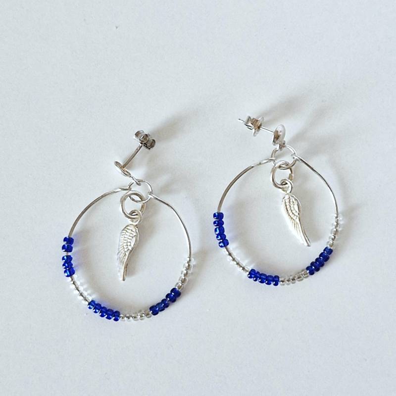 925 Silber Creolen Mit Engelsflügel & Rocailles - Handgefertigte Ohrringe in Blau von silvianas
