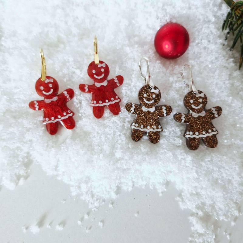 Lebkuchenfrau-Ohrringe Aus Resin Handgemachter Weihnachtsschmuck Mit Glitzer & 925 Silber Oder Gold - Festlich, Süß Einzigartig von silvianas