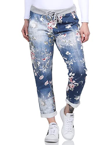 Damen Jogginghose im Boyfriend-Style Sweatpants für Freizeit Sport und Fitness 2581 (as3, Numeric, Numeric_36, Numeric_40, Regular, Regular, Dunkelblau/Blume) von simaranda