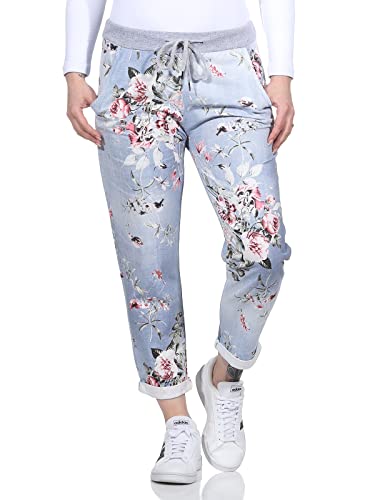 Damen Jogginghose im Boyfriend-Style Sweatpants für Freizeit Sport und Fitness 2581 (as3, Numeric, Numeric_42, Numeric_46, Regular, Regular, Hellblau/Blume) von simaranda