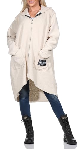simaranda Sweatjacke Damen mit Kapuze Hoodie lange Übergangsjacke Kurzmantel uni mit Zipper Cardigan 29503 (DE/NL/SE/PL, Numerisch, 38, 44, Regular, Regular, Beige) von simaranda