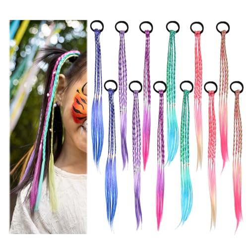 simarro Bunte Haarsträhnen für Mädchen, 45cm Geflochtenes Haar Haarteile mit Elastischem Seilband Haarsträhnen Kinder Haarschmuck Mädchen für Party Festival Deko Geschenke(6 Farben, 12 Stück) von simarro
