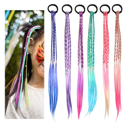 simarro Bunte Haarsträhnen für Mädchen, 45cm Geflochtenes Haar Haarteile mit Elastischem Seilband Haarsträhnen Kinder Haarschmuck Mädchen für Party Festival Deko Geschenke(6 Farben, 6 Stück) von simarro