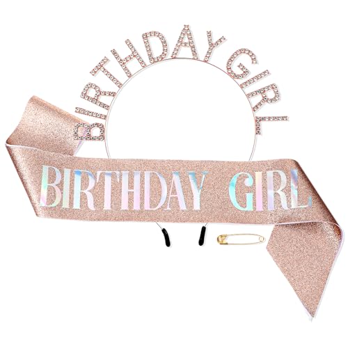 simarro Geburtstag Kronen Mädchen Geburtstag Schärpe, Strass Geburtstag Kopfschmuck Gold Haarband Prinzessin Birthday Schärpe und Tiara Stirnband für Mädchen Frauen Geburtstag Dekoration von simarro