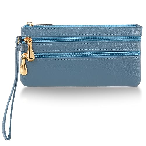 simarro Klein Münzbörse Damen, Klein Geldbeutel Leder lange Multi-Tasche Handgelenk Tasche mit Riemen tragbare Geldbörse für Frauen Münzfach Mini Wallet für Damen mit Schlüsselanhänger (Blau) von simarro