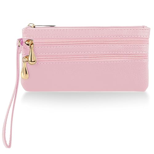 simarro Klein Münzbörse Damen, Klein Geldbeutel Leder lange Multi-Tasche Handgelenk Tasche mit Riemen tragbare Geldbörse für Frauen Münzfach Mini Wallet für Damen mit Schlüsselanhänger (Rosa) von simarro