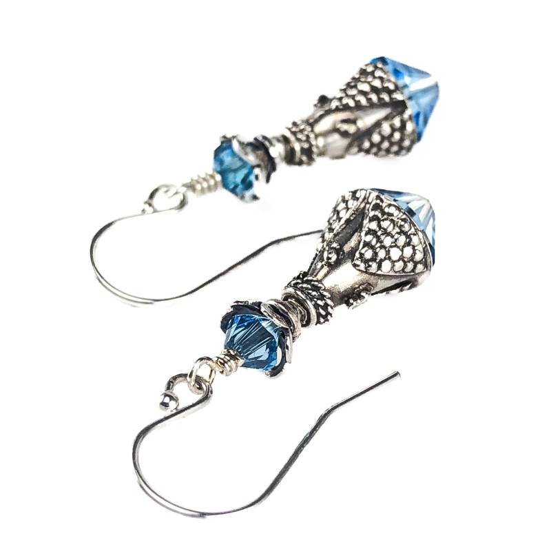 Aquamarin Kristall Perlen Ohrringe - Verzierte Bali Silber Kegelförmige Himmelblaue März Geburtsstein Geburtstagsgeschenk 15.jahrestag von simplegracesjewelry