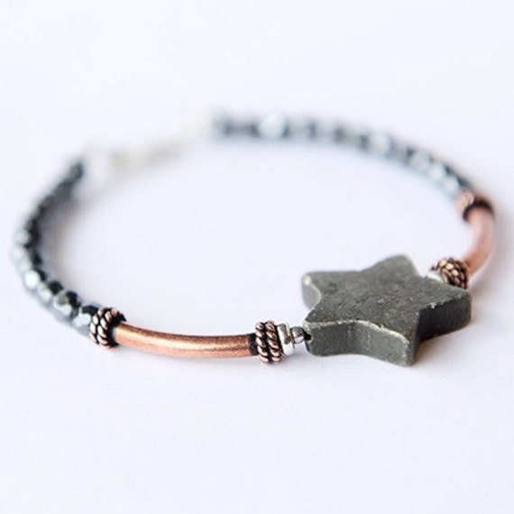 Kupfer Armband - Pyrit Stern Hämatit Schmuck Facettiertes Graues Stein Perlenarmband Mit Anhänger Geschenk Zum 7 von simplegracesjewelry