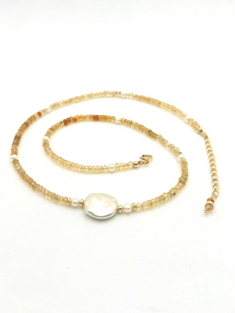 Citrin Collier Mit Coin-Perle, Edelstein Halskette, Süßwasserperle, 14K Gold Filled Citrin Collier Mit Coin-Perle, Edelstein Halskette, Süßwasserperle, 14K Gold Filled von simplyojewellery