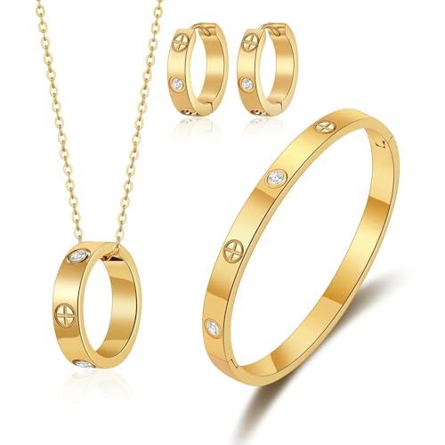 sineed Liebesarmband, Ohrringe, Halsketten-Set für Damen, 18 Karat vergoldet, trendiger Edelstahl, luxuriöses Liebes-Creolen-Ohrring-Armreif-Anhänger, Schmuck-Set, 19 cm, Edelstahl, Zirkonia von sineed