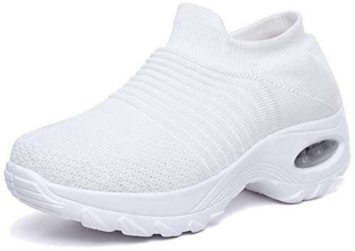 Hotcham Damen Schlankheitsschuhe Laufschuhe Plateauschuhe Gewicht Luft leicht elastisch Sport Laufen Yoga Tennis zum Überziehen Sportschuh Netzstoff flach Sommer, 03 weiß, 38 EU von Hotcham