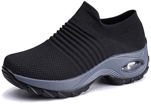 Hotcham Damen Schlankheitsschuhe Laufschuhe Plateauschuhe Gewicht Luft leicht elastisch Sport Laufen Yoga Tennis zum Überziehen Sportschuh Netzstoff flach Sommer, 03, schwarz., 41 EU von Hotcham