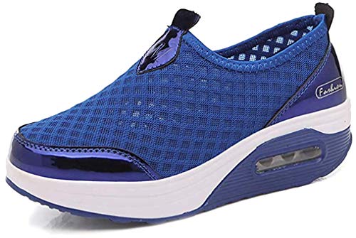 Damen Schlankheitsschuhe Laufschuhe Plateauschuhe Gewicht Luft leicht elastisch Sport Laufen Yoga Tennis zum Überziehen Sportschuh Netzstoff flach Sommer, Blau 1, 39 EU von Hotcham