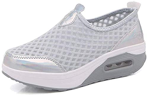 Damen Schlankheitsschuhe Laufschuhe Plateauschuhe Gewicht Luft leicht elastisch Sport Laufen Yoga Tennis zum Überziehen Sportschuh Netzstoff flach Sommer, Grau 1, 37 EU von siphly