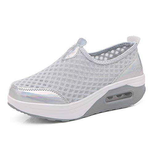 Hotcham Damen Schlankheitsschuhe Laufschuhe Plateauschuhe Gewicht Luft leicht elastisch Sport Laufen Yoga Tennis zum Überziehen Sportschuh Netzstoff flach Sommer, Grau 1, 40 EU von Hotcham