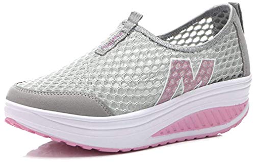 Hotcham Damen Schlankheitsschuhe Laufschuhe Plateauschuhe Gewicht Luft leicht elastisch Sport Laufen Yoga Tennis zum Überziehen Sportschuh Netzstoff flach Sommer, Grau 2, 38 EU von Hotcham