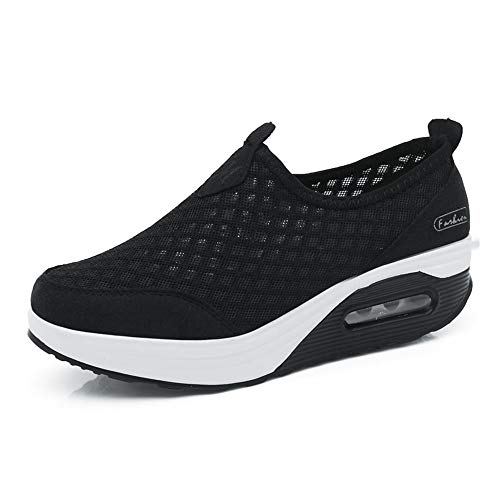 Hotcham Damen Schlankheitsschuhe Laufschuhe Plateauschuhe Gewicht Luft leicht elastisch Sport Laufen Yoga Tennis zum Überziehen Sportschuh Netzstoff flach Sommer, Schwarz 1, 38 EU von Hotcham