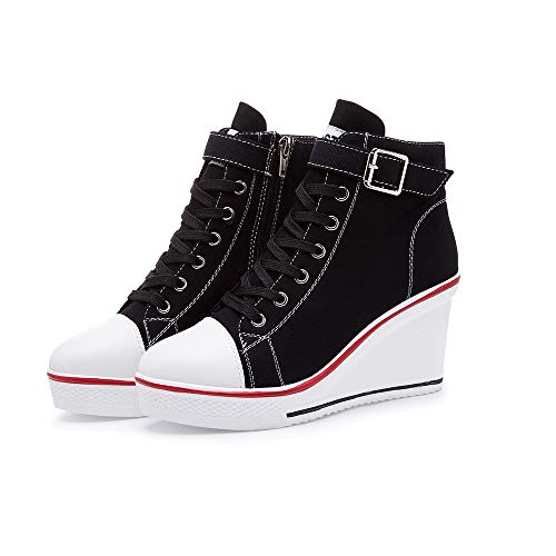 High-Top-Keilschuhe für Damen, EU-Größe 35-43, Leinen, Casual-Stil, für Frühling / Sommer, Keilabsatz, Schwarz - 09 Schwarz - Größe: 35 EU von siphly