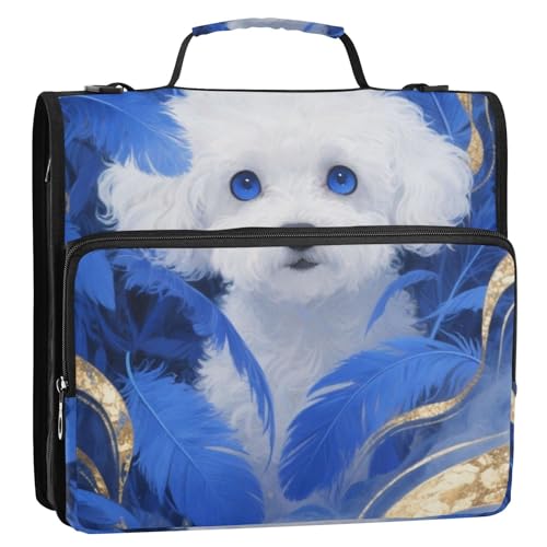 Bichon Frisé, 3 Ringe, 3,8 cm, Reißverschluss, Ordner mit Griff und abnehmbarem Schultergurt, wasserdicht, Schulbedarf, Organizer für die Schule, Weiß von siphylline