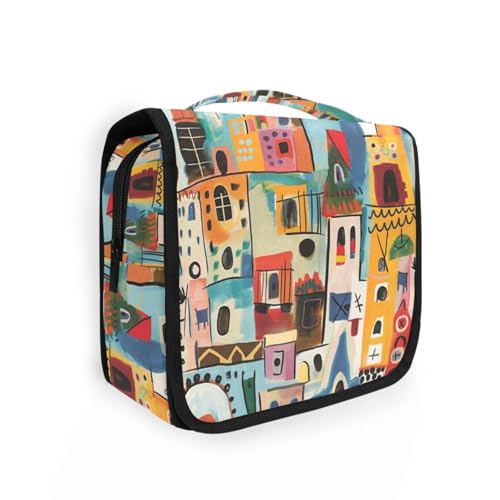 Bunte Bauten Damen-Kulturbeutel mit Haken zum Aufhängen, Largoiletry Kit mit Fächern und Griff von siphylline