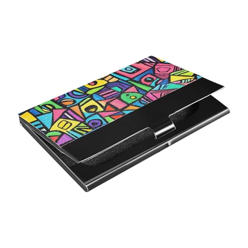 Bunte abstrakte geometrische Formen, schmales Visitenkartenetui mit Kartenhalter aus Leder und Edelstahl, für Reisen, Zuhause oder Büro von siphylline