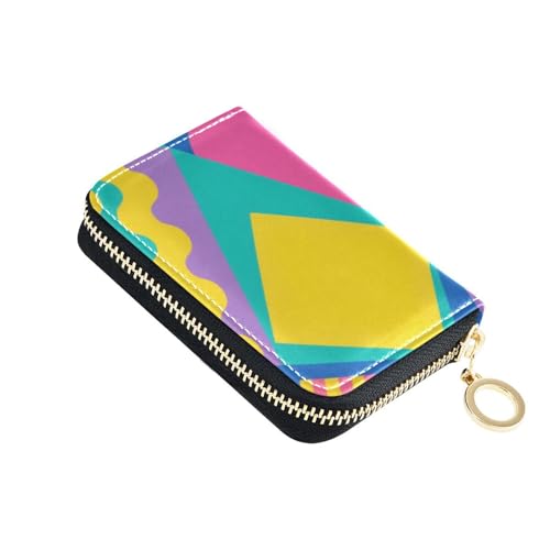 Bunte geometrische Formen, gelbe Blumen, Leder-Kartenetui für Damen, mit RFID-blockierendem Kartenhalter für Damen, mit Reißverschluss von siphylline
