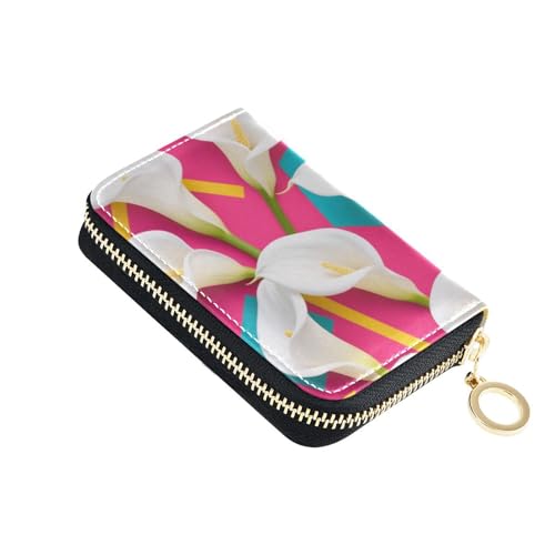 Bunte geometrische Formen, weiße Calla-Lilien, Leder, Kartenetui für Damen, mit RFID-blockierendem Kartenhalter mit Reißverschluss von siphylline