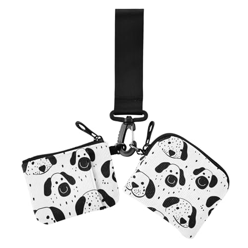 Cartoon-Hundegesichter schwarz auf weiß Damen Münzgeldbörse Kartenhalter klein tragbar Frauen Kreditkartenetui Münzbörse mit Handgelenkschlaufe für den täglichen Gebrauch, 2 Packungen von siphylline