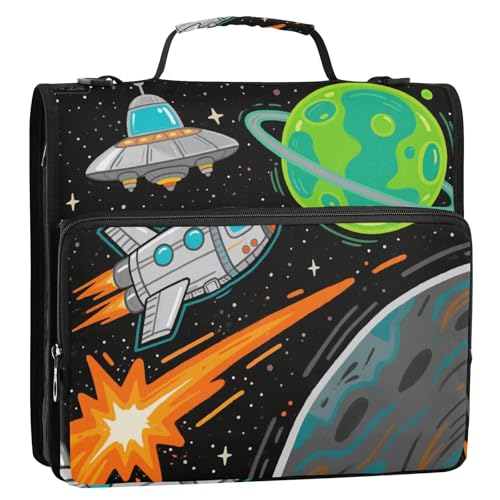 Cartoon Planet Flugzeug schwarz 3 Ringe Büroordner Organizer mit Schultergurt einfach zu tragen Schulbedarf Organizer für Mittelschule von siphylline
