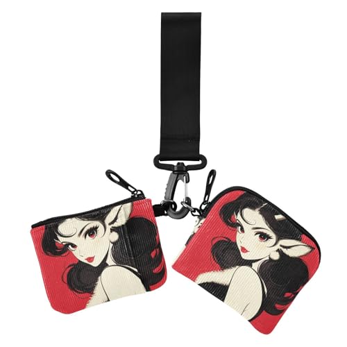 Cherry Red Rentier Anime Girl Damen Dual Wallets Visitenkartenetuis Mini Fashion Münzgeldbörse Geldbörse Tasche mit Reißverschlusstasche für den täglichen Gebrauch, 2 Stück von siphylline