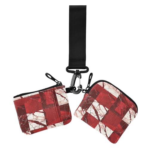 Damen Münztaschen Kartenhalter Kompakte Größe Kleingeld Geldbörse Schlüsselhalter mit Handgelenkschlaufe für den täglichen Gebrauch Rot Schwarz Marmor Karomuster 2 Packungen von siphylline