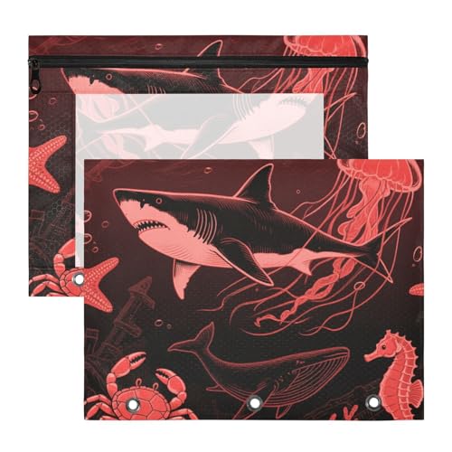 Federmäppchen, stabil, 3 Löcher, für A4-Papier, Briefe, 2 Stück, Schüler, Schulanfang, Ozean, Tier, schwarz, rot, Hai, Seepferdchen, Quallen Federmäppchen, stabil, 3 Löcher, für A4-Papier, Briefe, 2 Stück, Schüler, Schulanfang, Ozean, Tier, schwarz, rot, Hai, Seepferdchen, Quallen von siphylline