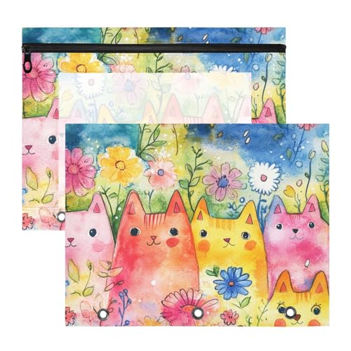 Federmäppchen mit 3 verstärkten Ösen, Taschenordner für A4-Papier, Briefe, 2 Stück, Studenten, Schulanfang, bunte Cartoon-Katzen Federmäppchen mit 3 verstärkten Ösen, Taschenordner für A4-Papier, Briefe, 2 Stück, Studenten, Schulanfang, bunte Cartoon-Katzen von siphylline