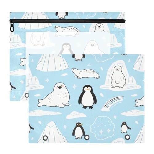 Federmäppchen mit glatten Reißverschlüssen, 3 Ringe, Tasche für 3 Ringe, 2 Stück, Lehrer, Büro, Sealion, Pinguin, Tier, Schwarz / Weiß von siphylline