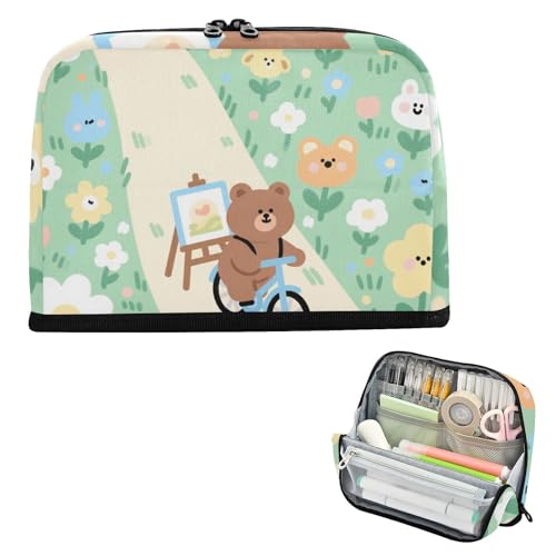Federmäppchen mit großem Fassungsvermögen, Make-up-Tasche, Reißverschluss, Organizer-Box für Lehrer, High School, Cartoon, süßes Bier, Radfahren, Feld, Grün Federmäppchen mit großem Fassungsvermögen, Make-up-Tasche, Reißverschluss, Organizer-Box für Lehrer, High School, Cartoon, süßes Bier, Radfahren, Feld, Grün von siphylline