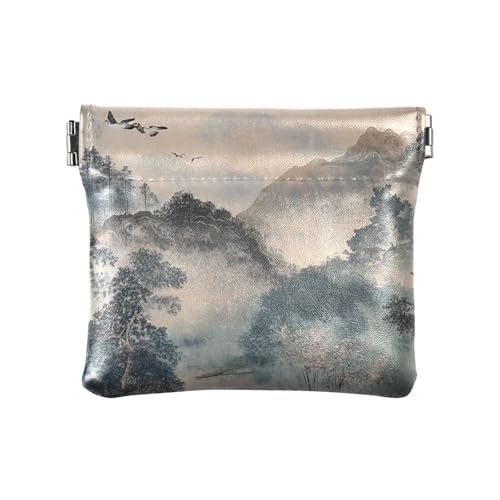 Graue Tinte Stil chinesische Landschaft Frauen Leder Bargeld Geldbörse tragbare Mini-Kosmetiktasche für Frauen Damen, Graue Tinte, chinesische Landschaft, 1 size, Modern von siphylline