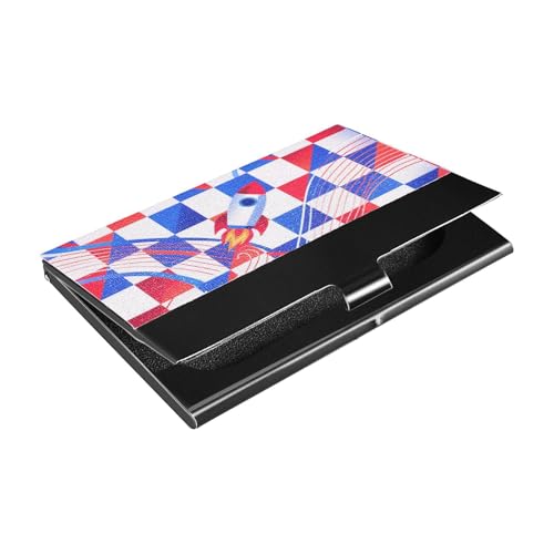 Independence Day Rockets Plaids Slim kleiner Visitenkartenhalter mit Leder und Edelstahl, Bürokartenhalter für Geschäftstreffen von siphylline