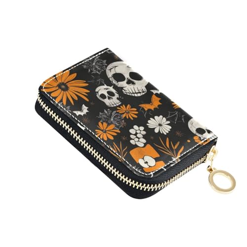 Kartenetui aus Leder mit Blumen und Halloween-Elementen, mit RFID-blockierendem Kartenhalter mit Reißverschluss von siphylline