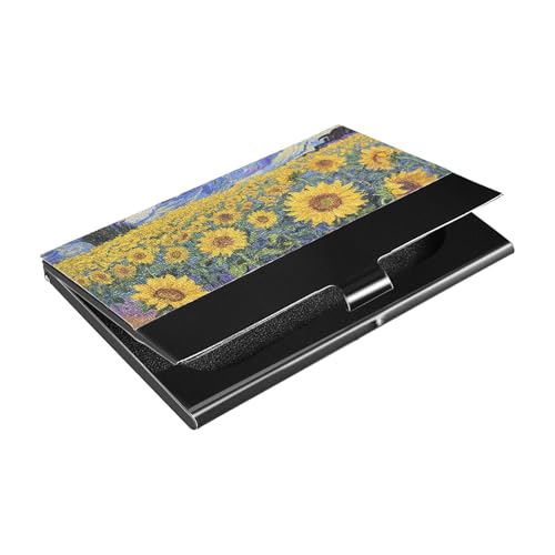 Kleiner Visitenkartenhalter mit Sternenhimmel, Sonnenblumen, Ölgemälde, schmal, mit Leder- und Edelstahl-Namenskartenhalter für Damen oder Herren von siphylline