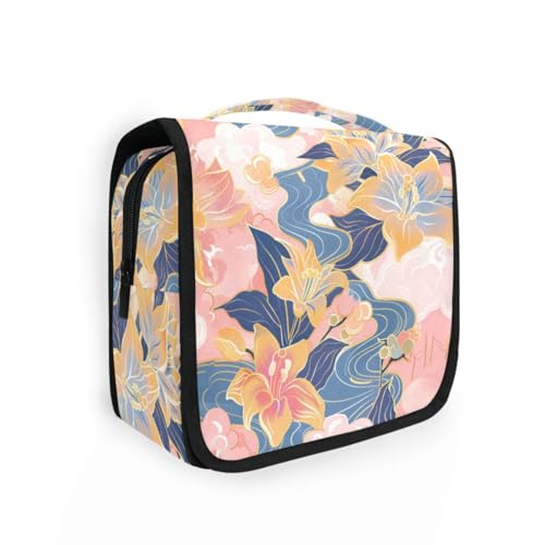 Kosmetiktasche mit chinesischen Aquarell-Blumen für Damen, mit Haken zum Aufhängen, stilvolle Make-up-Tasche mit Fächern und Griff von siphylline