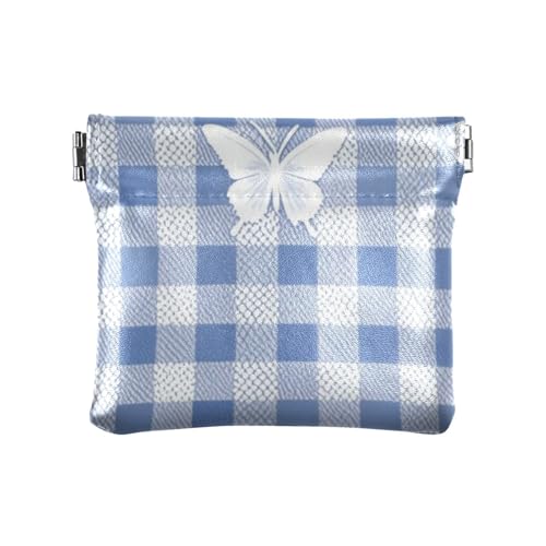 Lovely Blue Lace Butterfly Plaid Damen Leder Münzbörse Fancy Mini Kosmetiktasche für Frauen, Schönes blaues Schmetterlings-Plaid aus Spitze, 1 size, Modern von siphylline