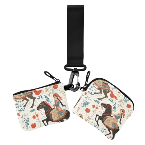 Mädchen Blumen Boho Pferd Damen Kleingeldbörse Kartenhüllen Kompakte Größe Kleingeld Geldbörse mit Schlüsselanhänger für den täglichen Gebrauch 2 Stück von siphylline