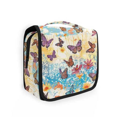 Make-up-Tasche für Damen, Motiv: Blumen und Schmetterlinge, mit Haken zum Aufhängen, große Make-up-Tasche mit Fächern und Griff von siphylline