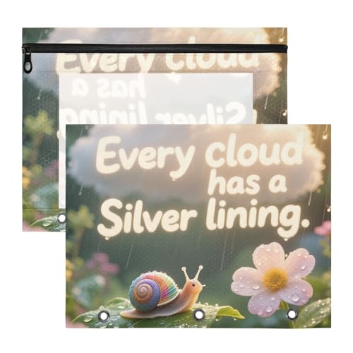 Mehrzweck-Bleistiftbox, 3 Ringe, Tasche für A4-Papier, Briefe, 2 Stück, Lehrer, College, Zubehör, jede Wolke hat eine silberne Futter-Tierschnecke von siphylline