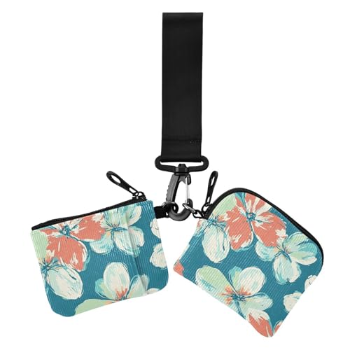 Münzgeldbörse mit Blumenmuster, Türkis und Koralle, Kreditkartenhalter, minimalistisch, Visitenkartenhalter mit Schlüsselanhänger, für Damen, 2 Stück von siphylline
