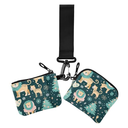 Münzgeldbörsen für Damen, Motiv: verspielter Löwe, Winter, Weihnachten, minimalistisch, Kartenetui, Geldorganizer mit Handgelenkriemen, 2 Packungen von siphylline