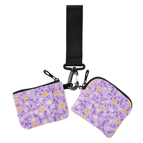 Multismall Flowers and Leaves Purple and Yellow Women's Dual Wallets Business Card Cases Large Capacity Card Organizer Purse with Keychain for Lady 2 Pcs von siphylline